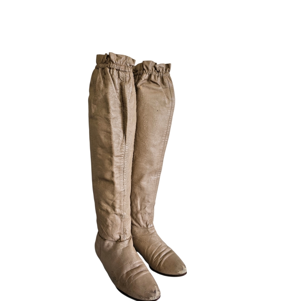 Vintage Scrunch Knee High Flat Boots Tan Leather Size 8 Made In Brazil